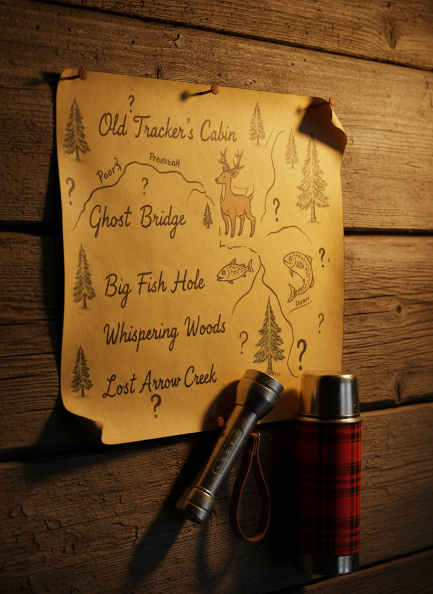 An antique, hand-drawn town map pinned to a rough pine cabin wall with rusty nails, the paper yellowed and curling at the edges. Tiny, handwritten notes mark spots like “Old Tracker’s Cabin,” “Ghost Bridge,” and “Big Fish Hole,” with doodles of deer, pine trees, and mysterious question marks. A dented silver flashlight and a plaid thermos lean against the map at the bottom edge. Warm lamplight from an unseen oil lantern creates a golden pool on the map, with dramatic shadows along wood grain. Photographic realism, close-up, slightly angled composition emphasizing texture, evoking playful curiosity about Northwoods folklore.