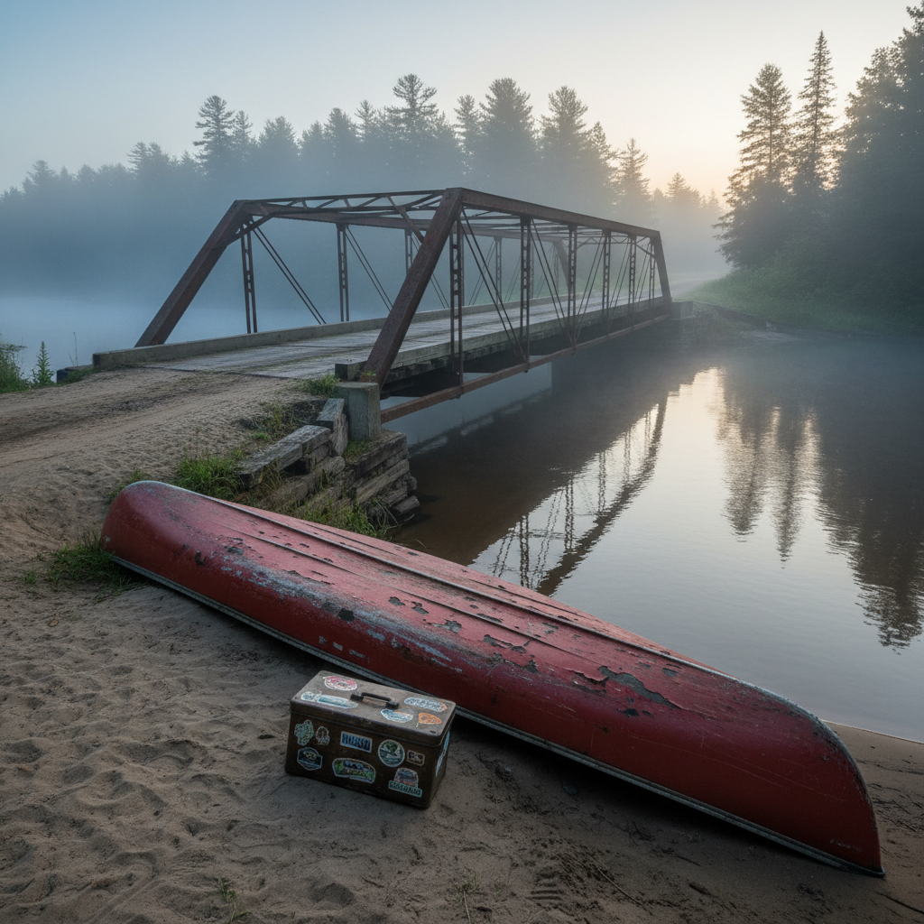 A small-town river bridge made of aging steel girders and worn wooden planks, spanning a slow, tannin-brown Northern river. Beneath the bridge, a single, upside-down canoe with flaking red paint rests on the sandy bank, next to a metal tackle box plastered with faded regional stickers. Early-morning fog clings low over the water, lit by soft, cool light that creates ghostly reflections of the forest on the surface. Photographic realism, elevated three-quarter view using the rule of thirds, with the canoe as focal point and the bridge receding into mist, suggesting whispered local stories and strange happenings at the river crossing.
