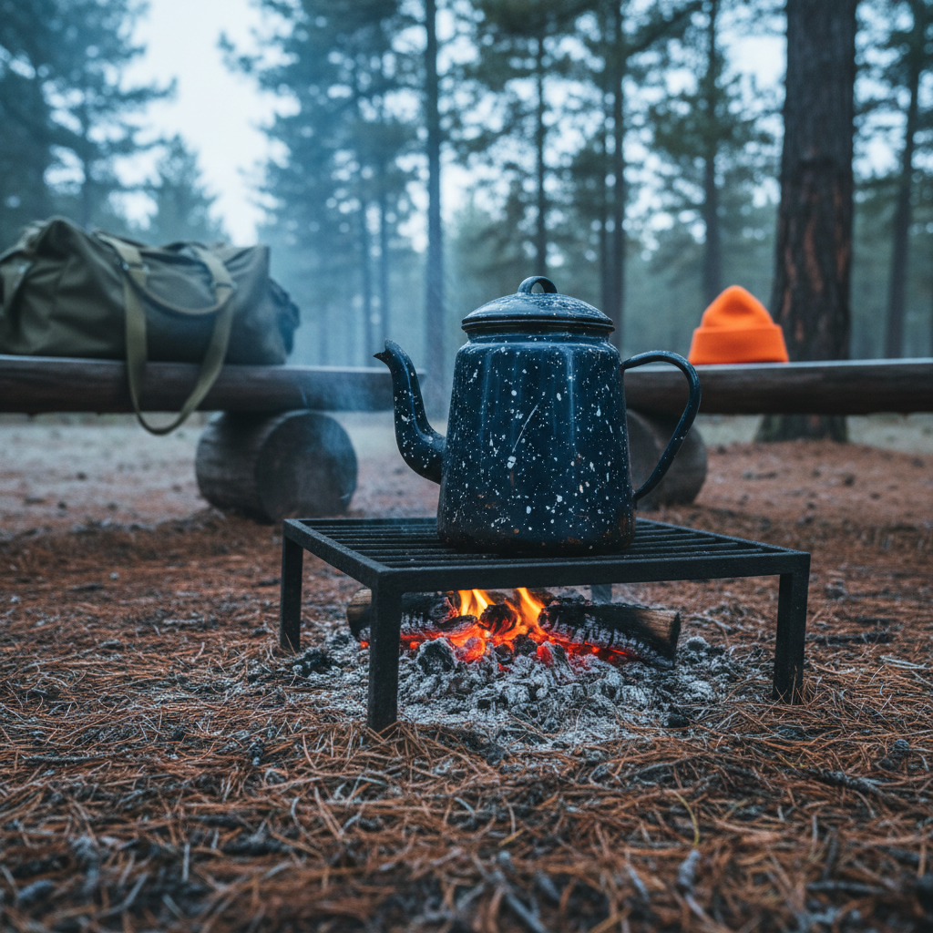 An old enamel coffee pot, chipped and navy blue with white flecks, perched on a blackened cast-iron grate over the faint embers of a hunting campfire. Around it, rough-hewn log benches, a green canvas duffel, and an orange wool cap lie scattered in pine needles dusted with early frost. Diffused overcast light filters through tall pines, adding soft, cool tones while the coals glow warm red-orange. Shot from a slightly low angle in photographic realism, with shallow depth of field that keeps the coffee pot crisp and the camp receding into a hazy, story-filled background, evoking cozy, humorous campfire tales.