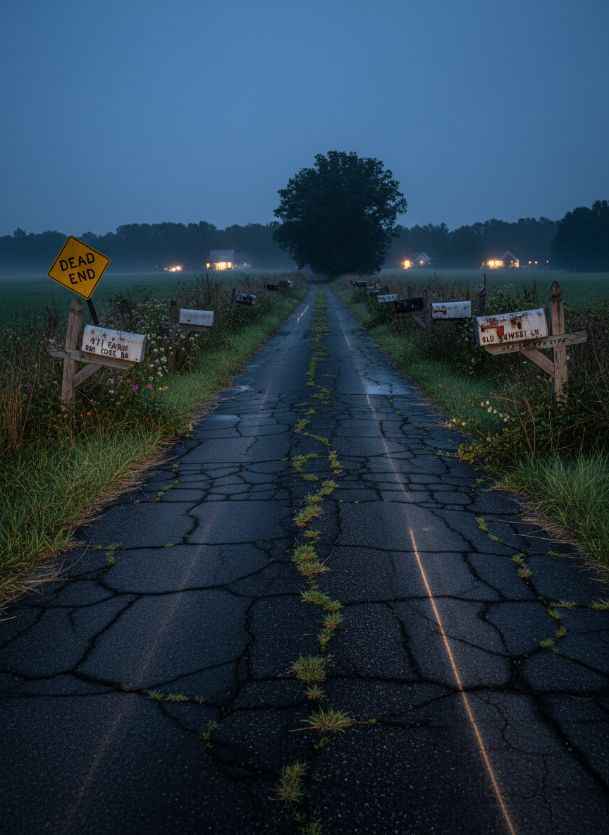 A narrow, cracked blacktop backroad stretching between overgrown ditches, flanked by leaning mailboxes with peeling paint and bullet dents, each labeled with faint rural addresses. A faded yellow “Dead End” sign tilts at an angle, half swallowed by tall grass. The scene is captured at blue hour, with soft, moody twilight settling over distant tree lines and the first porch lights glowing far away. Photographic realism, shot from a low, centered perspective that leads the eye straight down the road. Headlight-like reflections on the wet pavement add an eerie yet playful, tall-tale atmosphere of backroads legends.